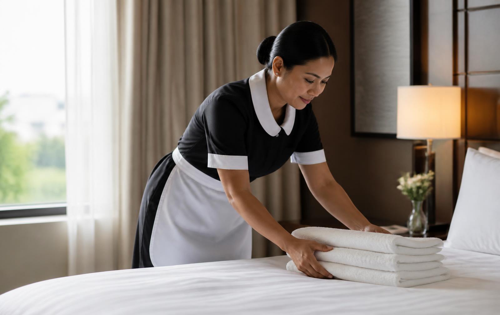 Hotel housekeeping staff placing folded white towels on a made bed