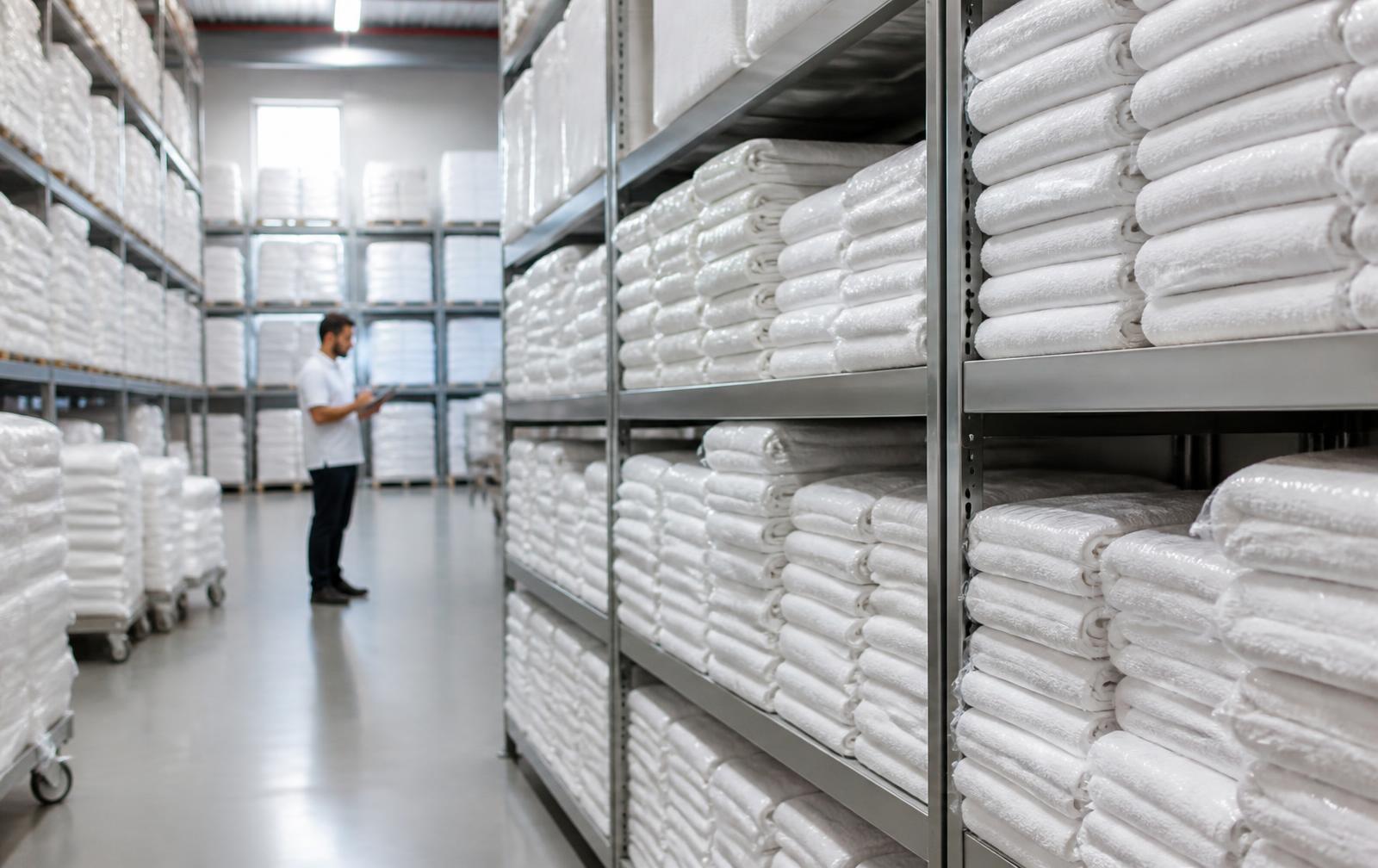 Commercial linen warehouse with shelves of neatly stacked white towels
